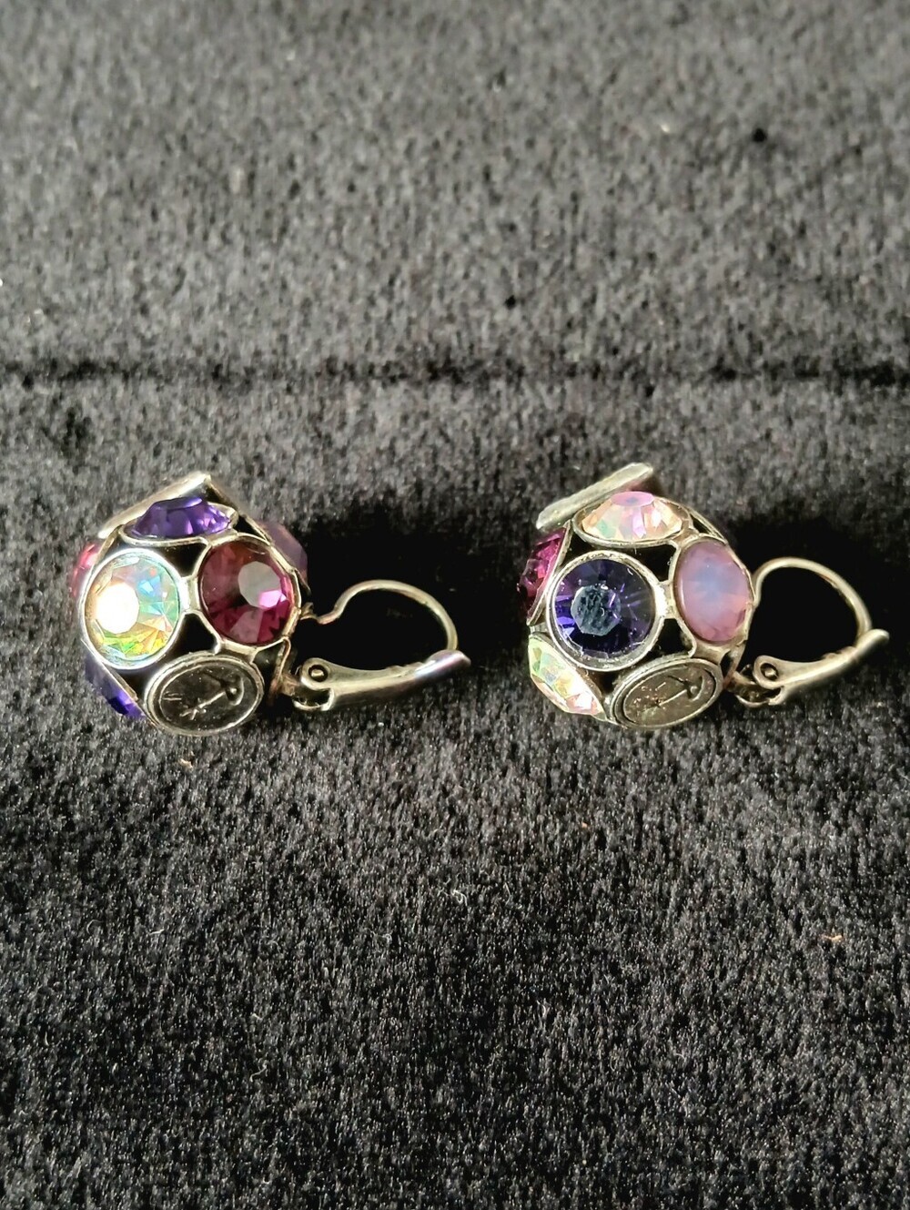 Vintage Renaissance Jewelry Signed Purple Crystal Disco Ball Leverback Earrings